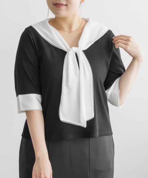 CLETTE（クレット）の「CLETTEオリジナルレイヤード風スカーフドッキングプルオーバー（Tシャツ/カットソー・レディース・ブラック/ネイビー/ピンク・4L/3L/LL）」の4枚目の写真