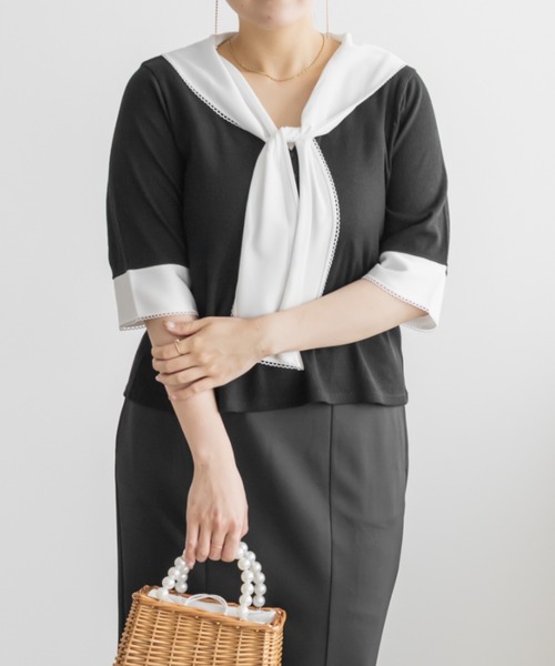CLETTE（クレット）の「CLETTEオリジナルレイヤード風スカーフドッキングプルオーバー（Tシャツ/カットソー・レディース・ブラック/ネイビー/ピンク・4L/3L/LL）」の5枚目の写真