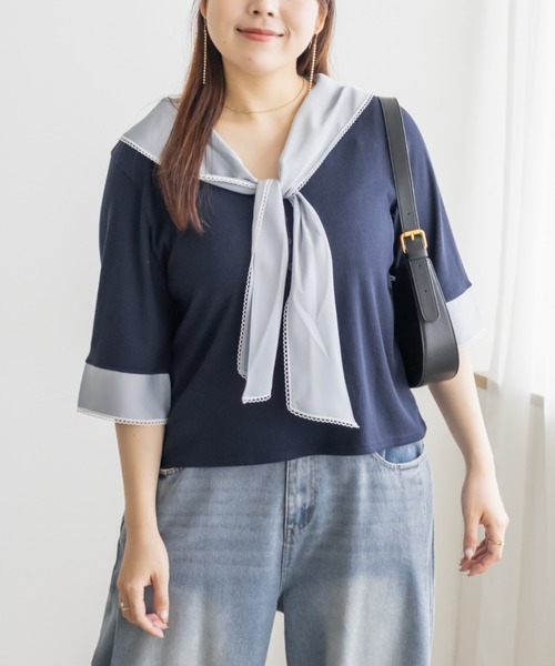 CLETTE（クレット）の「CLETTEオリジナルレイヤード風スカーフドッキングプルオーバー（Tシャツ/カットソー・レディース・ブラック/ネイビー/ピンク・4L/3L/LL）」の10枚目の写真