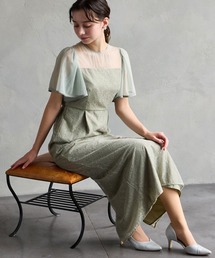 AIMER | ボリュームフレアスリーブフラワーレースロングタイトパーティードレス　結婚式　お呼ばれ　ドレス　20代 30代 40代(ドレス)