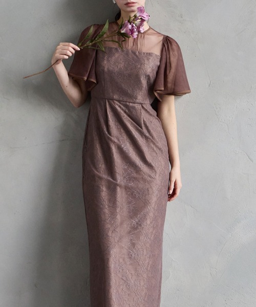 AIMER（エメ）の「ボリュームフレアスリーブフラワーレースロングタイトパーティードレス　結婚式　お呼ばれ　ドレス　20代 30代 40代（ドレス・レディース・グレイッシュブルー/ブラック/スモーキーグリーン系/ブラウン/オールドローズ系・SMALL/MEDIUM/LARGE）」の3枚目の写真