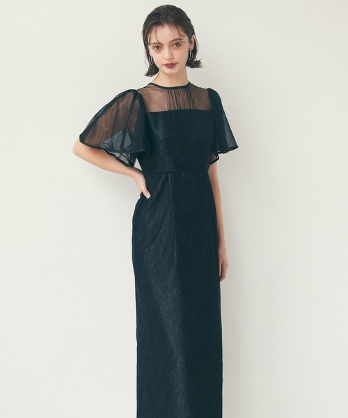 AIMER（エメ）の「ボリュームフレアスリーブフラワーレースロングタイトパーティードレス　結婚式　お呼ばれ　ドレス　20代 30代 40代（ドレス・レディース・グレイッシュブルー/ブラック/スモーキーグリーン系/ブラウン/オールドローズ系・SMALL/MEDIUM/LARGE）」の6枚目の写真