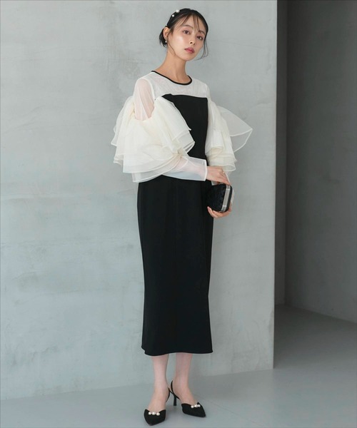 オケージョンドレス 結婚式 ストレッチ ｜ ボリューム フリルスリーブ タイトワンピース ドレス ｜ 二次会 披露宴 美脚 ワンピース オケージョン お呼ばれ パーティードレス