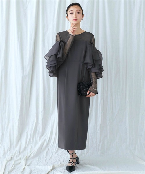 オケージョンドレス 結婚式 ストレッチ ｜ ボリューム フリルスリーブ