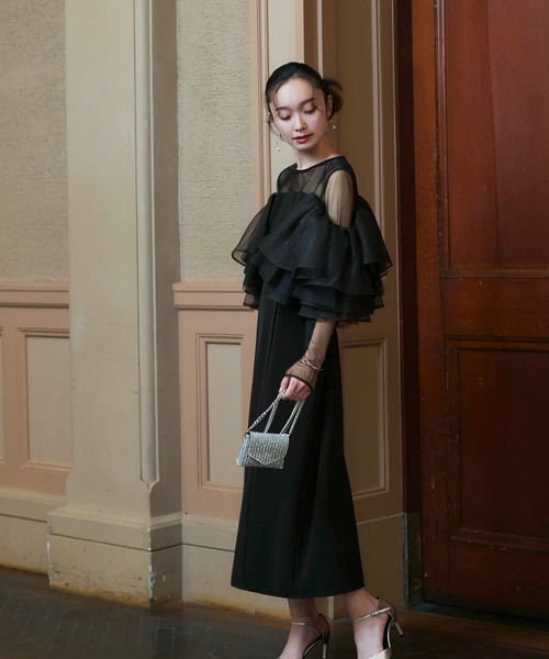 オケージョンドレス 結婚式 ストレッチ ｜ ボリューム フリルスリーブ