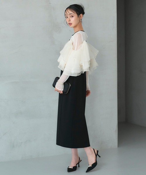 RUIRUE BOUTIQUE（ルイルエブティック）の「オケージョンドレス 結婚式 ストレッチ ｜ ボリューム フリルスリーブ タイトワンピース ドレス ｜ 二次会 披露宴 美脚 ワンピース オケージョン お呼ばれ パーティードレス（ドレス・レディース・ブラック×ベージュ/ブラック/チャコール・LL/L/M/S）」の4枚目の写真