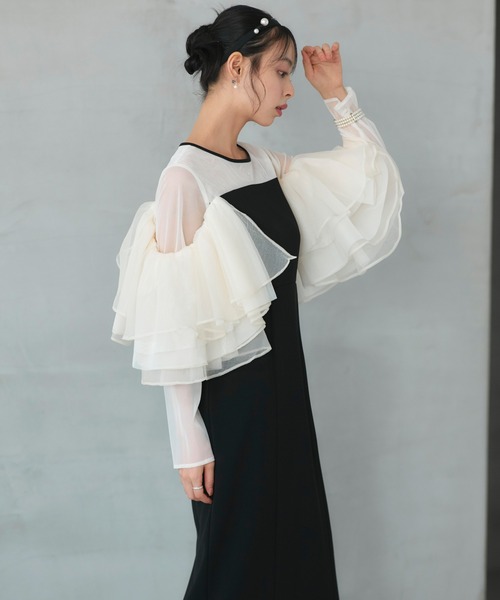 RUIRUE BOUTIQUE（ルイルエブティック）の「オケージョンドレス 結婚式 ストレッチ ｜ ボリューム フリルスリーブ タイトワンピース ドレス ｜ 二次会 披露宴 美脚 ワンピース オケージョン お呼ばれ パーティードレス（ドレス・レディース・ブラック×ベージュ/ブラック/チャコール・LL/L/M/S）」の6枚目の写真