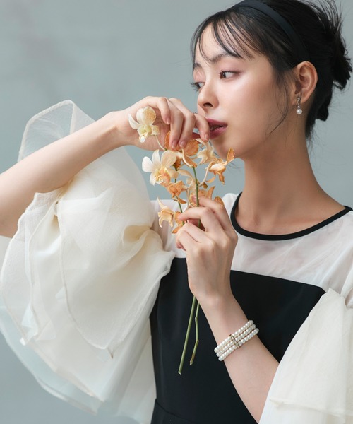 RUIRUE BOUTIQUE（ルイルエブティック）の「オケージョンドレス 結婚式 ストレッチ ｜ ボリューム フリルスリーブ タイトワンピース ドレス ｜ 二次会 披露宴 美脚 ワンピース オケージョン お呼ばれ パーティードレス（ドレス・レディース・ブラック×ベージュ/ブラック/チャコール・LL/L/M/S）」の7枚目の写真