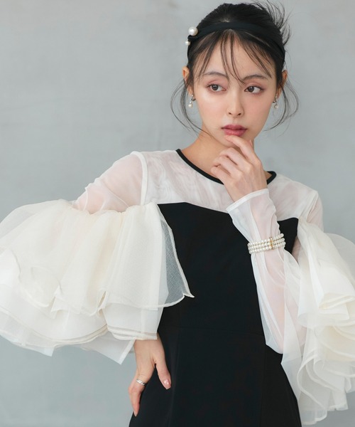 RUIRUE BOUTIQUE（ルイルエブティック）の「オケージョンドレス 結婚式 ストレッチ ｜ ボリューム フリルスリーブ タイトワンピース ドレス ｜ 二次会 披露宴 美脚 ワンピース オケージョン お呼ばれ パーティードレス（ドレス・レディース・ブラック×ベージュ/ブラック/チャコール・LL/L/M/S）」の8枚目の写真