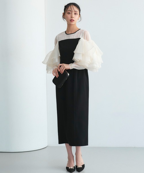 RUIRUE BOUTIQUE（ルイルエブティック）の「オケージョンドレス 結婚式 ストレッチ ｜ ボリューム フリルスリーブ タイトワンピース ドレス ｜ 二次会 披露宴 美脚 ワンピース オケージョン お呼ばれ パーティードレス（ドレス・レディース・ブラック×ベージュ/ブラック/チャコール・LL/L/M/S）」の9枚目の写真