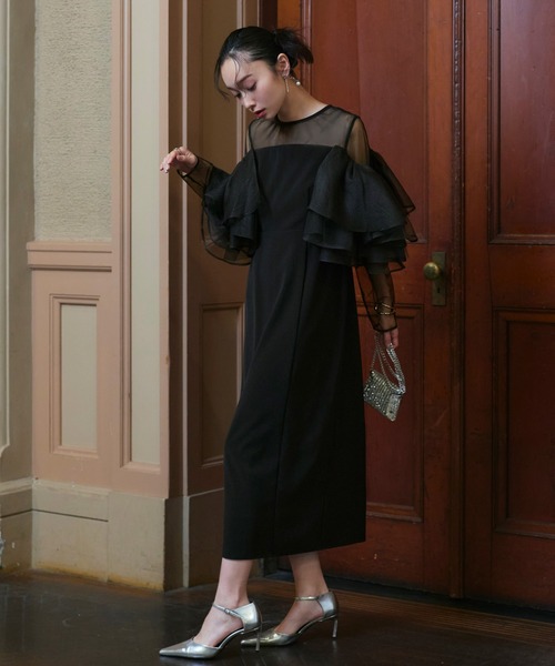 オケージョンドレス 結婚式 ストレッチ ｜ ボリューム フリルスリーブ