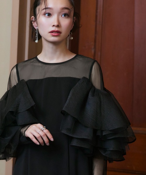 RUIRUE BOUTIQUE（ルイルエブティック）の「オケージョンドレス 結婚式 ストレッチ ｜ ボリューム フリルスリーブ タイトワンピース ドレス ｜ 二次会 披露宴 美脚 ワンピース オケージョン お呼ばれ パーティードレス（ドレス・レディース・ブラック×ベージュ/ブラック/チャコール・LL/L/M/S）」の14枚目の写真