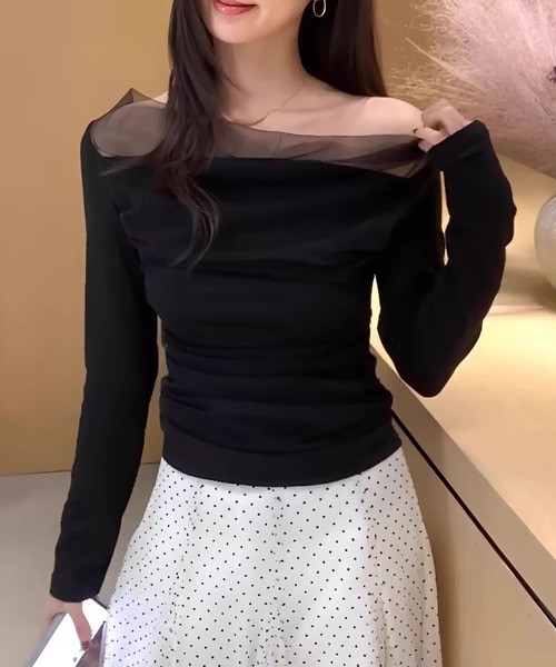 Lace Ladies（レースレディース）の「シアー ドレープ オープンショルダー レイヤード カットソー（Tシャツ/カットソー・レディース・アイボリー/ブラック・FREE）」の4枚目の写真