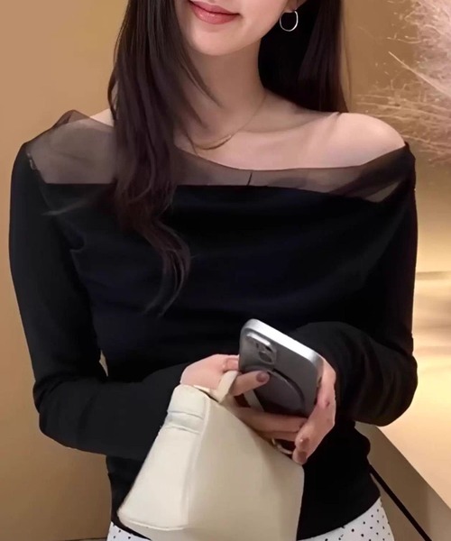 Lace Ladies（レースレディース）の「シアー ドレープ オープンショルダー レイヤード カットソー（Tシャツ/カットソー・レディース・アイボリー/ブラック・FREE）」の5枚目の写真