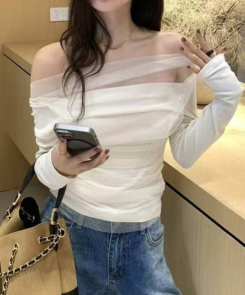 Lace Ladies（レースレディース）の「シアー ドレープ オープンショルダー レイヤード カットソー（Tシャツ/カットソー・レディース・アイボリー/ブラック・FREE）」の9枚目の写真