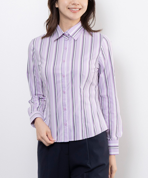 NARACAMICIE（ナラカミーチェ）の「【NARACAMICIE】ストレッチランダムストライプ長袖シャツ（シャツ/ブラウス・レディース・グレー/パープル・L/M）」の2枚目の写真
