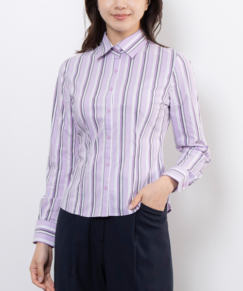 NARACAMICIE（ナラカミーチェ）の「【NARACAMICIE】ストレッチランダムストライプ長袖シャツ（シャツ/ブラウス・レディース・グレー/パープル・L/M）」の7枚目の写真