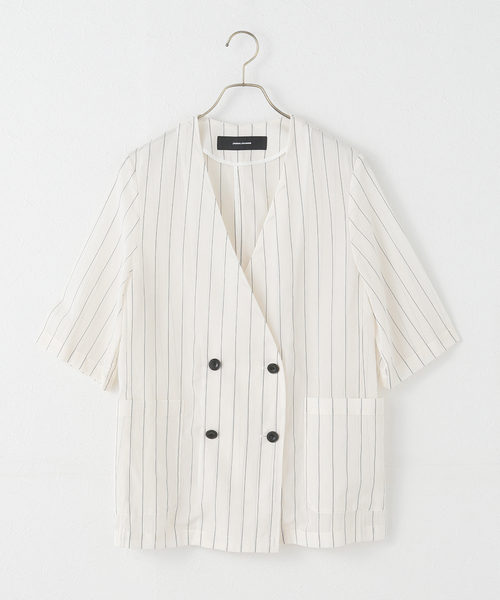 JOURNAL STANDARD(ジャーナルスタンダード)の「コットンボイルストライプH/Sジャケット(ノーカラージャケット・レディース・ブラック/ホワイト・FREE)」の2枚目の写真