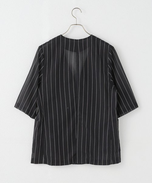 JOURNAL STANDARD(ジャーナルスタンダード)の「コットンボイルストライプH/Sジャケット(ノーカラージャケット・レディース・ブラック/ホワイト・FREE)」の3枚目の写真