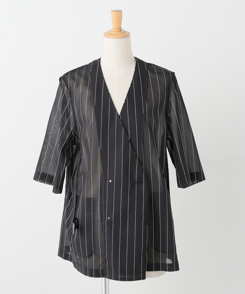 JOURNAL STANDARD(ジャーナルスタンダード)の「コットンボイルストライプH/Sジャケット(ノーカラージャケット・レディース・ブラック/ホワイト・FREE)」の7枚目の写真