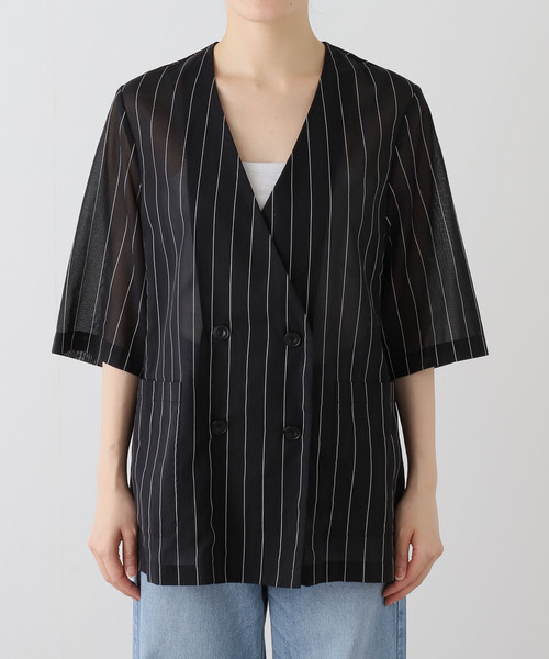 JOURNAL STANDARD(ジャーナルスタンダード)の「コットンボイルストライプH/Sジャケット(ノーカラージャケット・レディース・ブラック/ホワイト・FREE)」の12枚目の写真