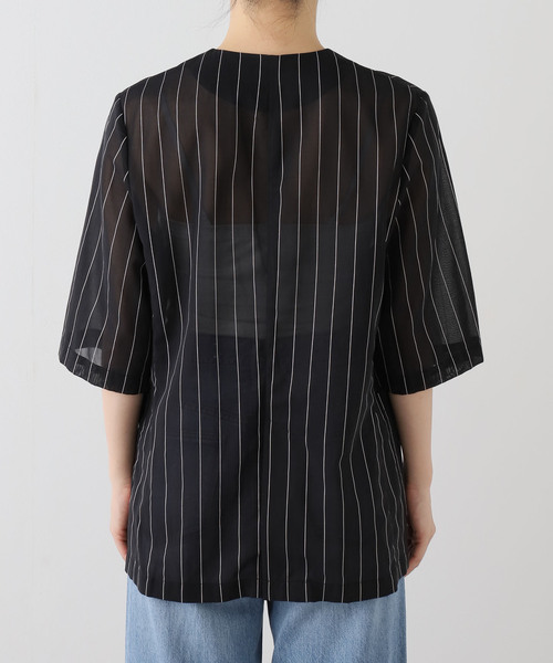 JOURNAL STANDARD(ジャーナルスタンダード)の「コットンボイルストライプH/Sジャケット(ノーカラージャケット・レディース・ブラック/ホワイト・FREE)」の14枚目の写真