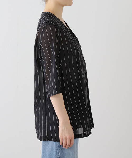 JOURNAL STANDARD(ジャーナルスタンダード)の「コットンボイルストライプH/Sジャケット(ノーカラージャケット・レディース・ブラック/ホワイト・FREE)」の15枚目の写真