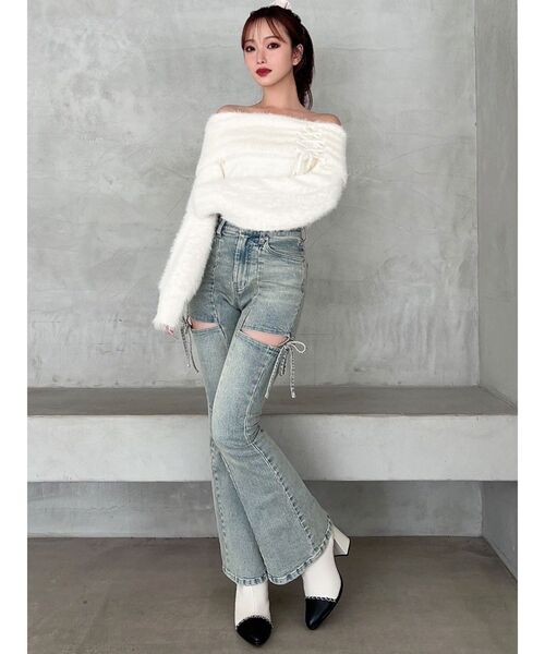 RESEXXY（リゼクシー）の「ストリングシャギーオフショルニットトップス（ニット/セーター・レディース・ホワイト/ピンク/ライトグレー・FREE）」の7枚目の写真