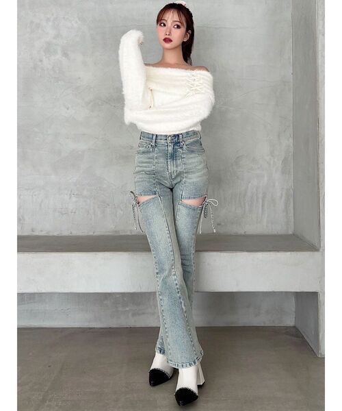 RESEXXY（リゼクシー）の「ストリングシャギーオフショルニットトップス（ニット/セーター・レディース・ホワイト/ピンク/ライトグレー・FREE）」の8枚目の写真