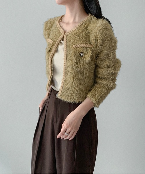 on:nue（オンニュ）の「【on:nue】[着用動画あり！] シャギーパールボタンニットジャケット（カーディガン/ボレロ・レディース・マスタード/ベージュ/グレー・FREE）」の5枚目の写真