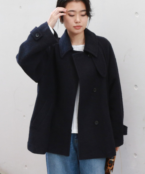 極美品✨️リミフゥ ピーコート S ブラック ポケット変形 ショート丈 ウール RASW] ウールミックスワイドシルエットピーコート◇ 送料無料