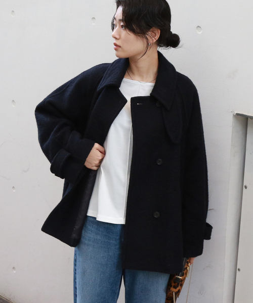 2サイズ展開】ウール混ショート丈スライバーコート（ピーコート