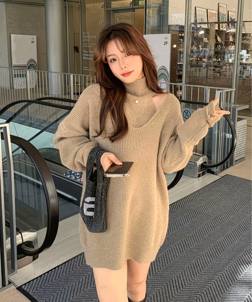 CANVAS+(キャンバスプラス)の「【CANVAS+】ハイネックニット×深VワンピースSET(ワンピース・レディース・ブラック/グレー/ベージュ・M)」の14枚目の写真