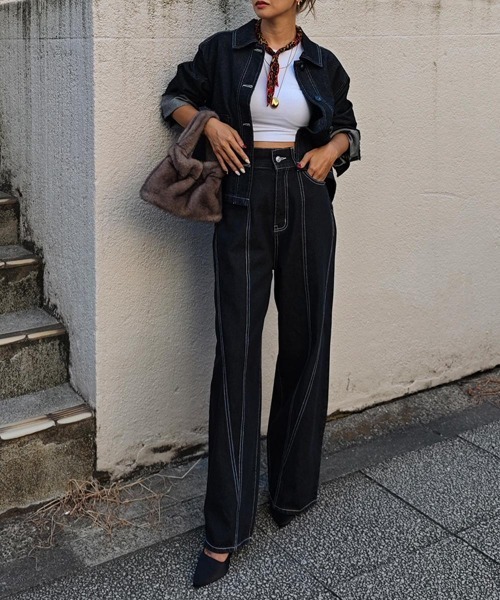 esutoreja（エストレジャ）の「パネルラインワイドデニム（デニムパンツ・レディース・ブルー/ブラック・S/M）」の3枚目の写真