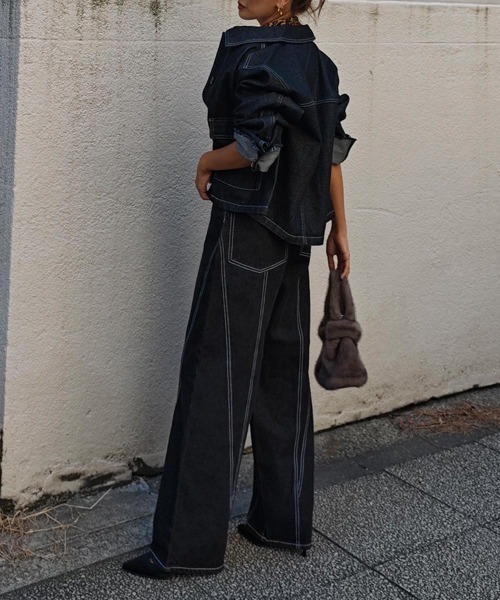 esutoreja（エストレジャ）の「パネルラインワイドデニム（デニムパンツ・レディース・ブルー/ブラック・S/M）」の4枚目の写真