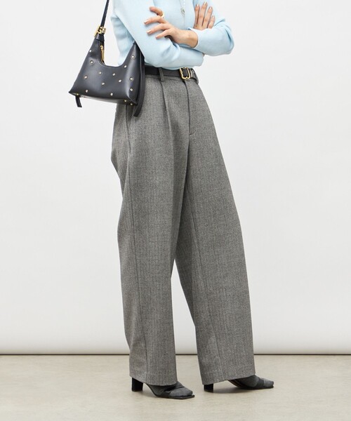 ウォッシャブル両面起毛ヘリンボーン/ストライプセミワイドパンツ