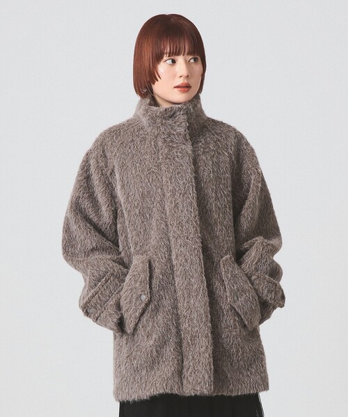 Ray BEAMS（レイビームス）の「シャギースタンド カラー ハーフ コート（ステンカラーコート・レディース・ダークブラウン/シルバー・0/1）」の2枚目の写真