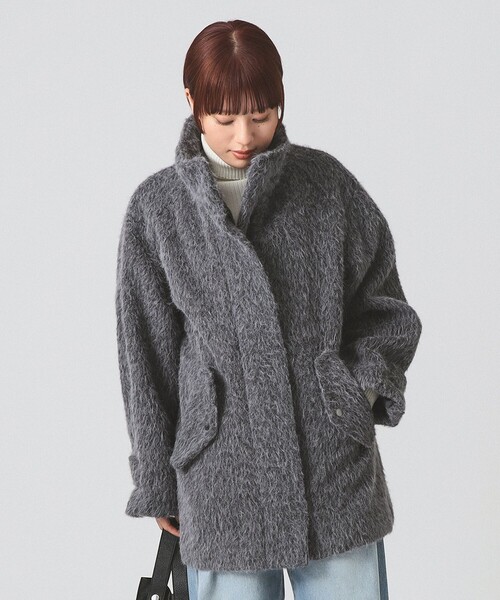 Ray BEAMS（レイビームス）の「シャギースタンド カラー ハーフ コート（ステンカラーコート・レディース・ダークブラウン/シルバー・0/1）」の14枚目の写真