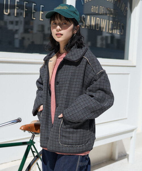 セール】襟付き リバーシブル チェックボアジャケット（ブルゾン
