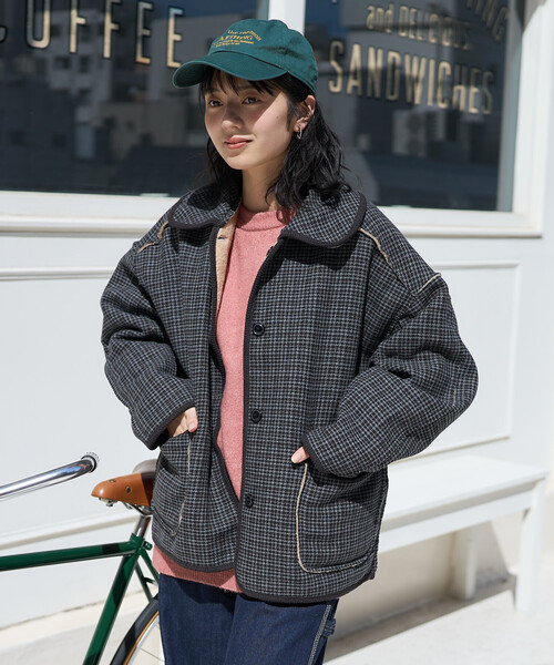 セール】襟付き リバーシブル チェックボアジャケット（ブルゾン
