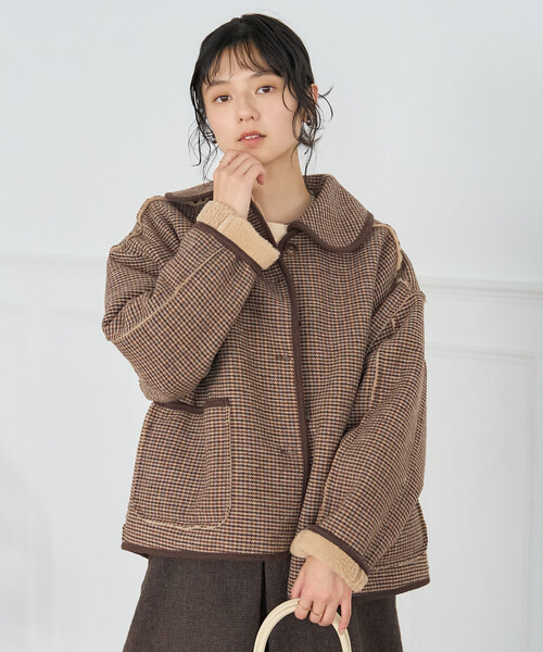 セール】襟付き リバーシブル チェックボアジャケット（ブルゾン