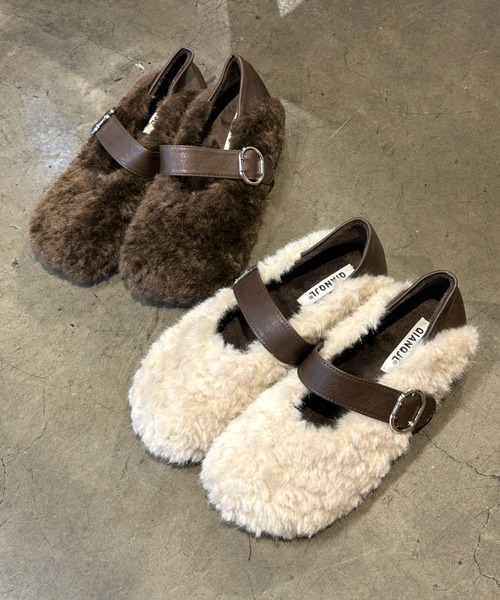 LAC-VERT（ラック・ヴェール）の「ベルトデザインボアフラットシューズ（パンプス・レディース・ブラウン/アイボリー・MEDIUM/LARGE）」の7枚目の写真