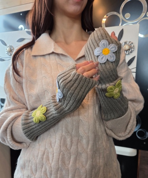 セール】お花モチーフ リブ編みニット アームカバー アームウォーマー