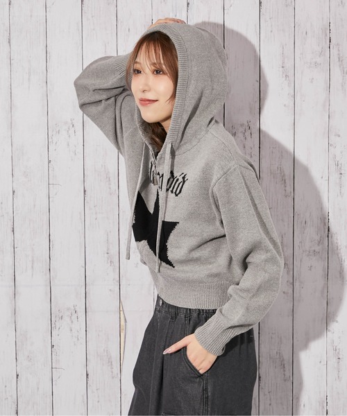 GORGE(ゴージ)の「《スター柄×ロゴジャガード》ショート丈ニットZIPパーカー ストリート×Y2K(ニット/セーター・レディース・グレー/ピンク/ネイビー・F)」の6枚目の写真