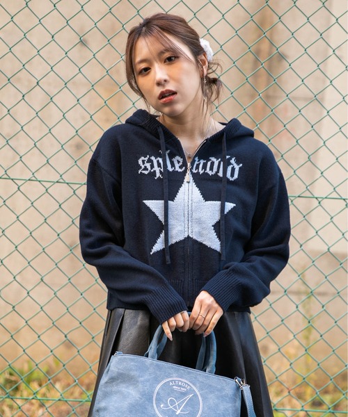 GORGE(ゴージ)の「《スター柄×ロゴジャガード》ショート丈ニットZIPパーカー ストリート×Y2K(ニット/セーター・レディース・グレー/ピンク/ネイビー・F)」の12枚目の写真
