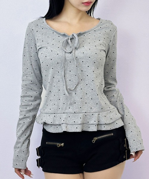 FOLLOWIN（フォロウィン）の「【半袖バージョン追加/3COLOR】ドットリボンフリルカットトップス（Tシャツ/カットソー・レディース・ホワイト/グレー/ブラック/ホワイト系その他/ブラック系その他/グレー系その他・FREE）」の5枚目の写真
