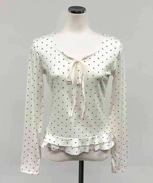 FOLLOWIN（フォロウィン）の「【半袖バージョン追加/3COLOR】ドットリボンフリルカットトップス（Tシャツ/カットソー・レディース・ホワイト/グレー/ブラック/ホワイト系その他/ブラック系その他/グレー系その他・FREE）」の7枚目の写真