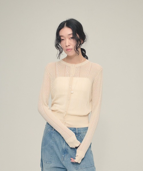 eL(エル)の「【eL】12G Jacquard Sheer Cardigan/650151(カーディガン/ボレロ・レディース・ピンク/ネイビー/アイボリー・FREE)」の2枚目の写真