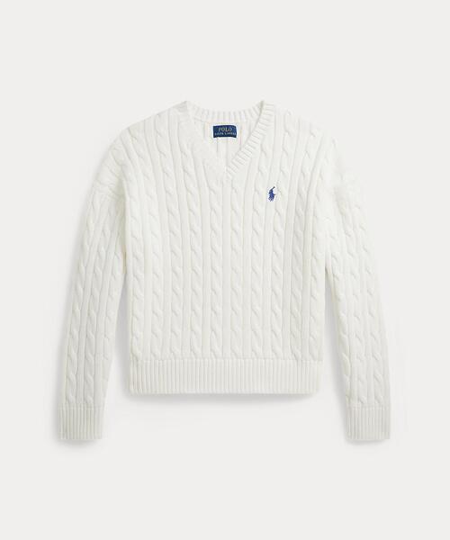 POLO RALPH LAUREN CHILDRENSWEAR(ポロ ラルフ ローレン チルドレンズウェア)の「ケーブルニット コットン Vネック セーター(ニット/セーター・キッズ・ホワイト・XL/L/M)」の1枚目の写真