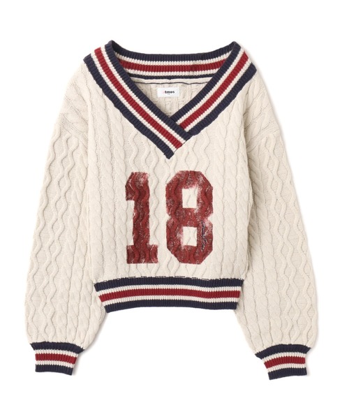 atmos pink(アトモスピンク)の「atmos pink Numbering Cable Knit Top / アトモスピンク ナンバリング ケーブル ニット トップ(ニット/セーター・レディース・グレー/オフホワイト・FREE)」の1枚目の写真